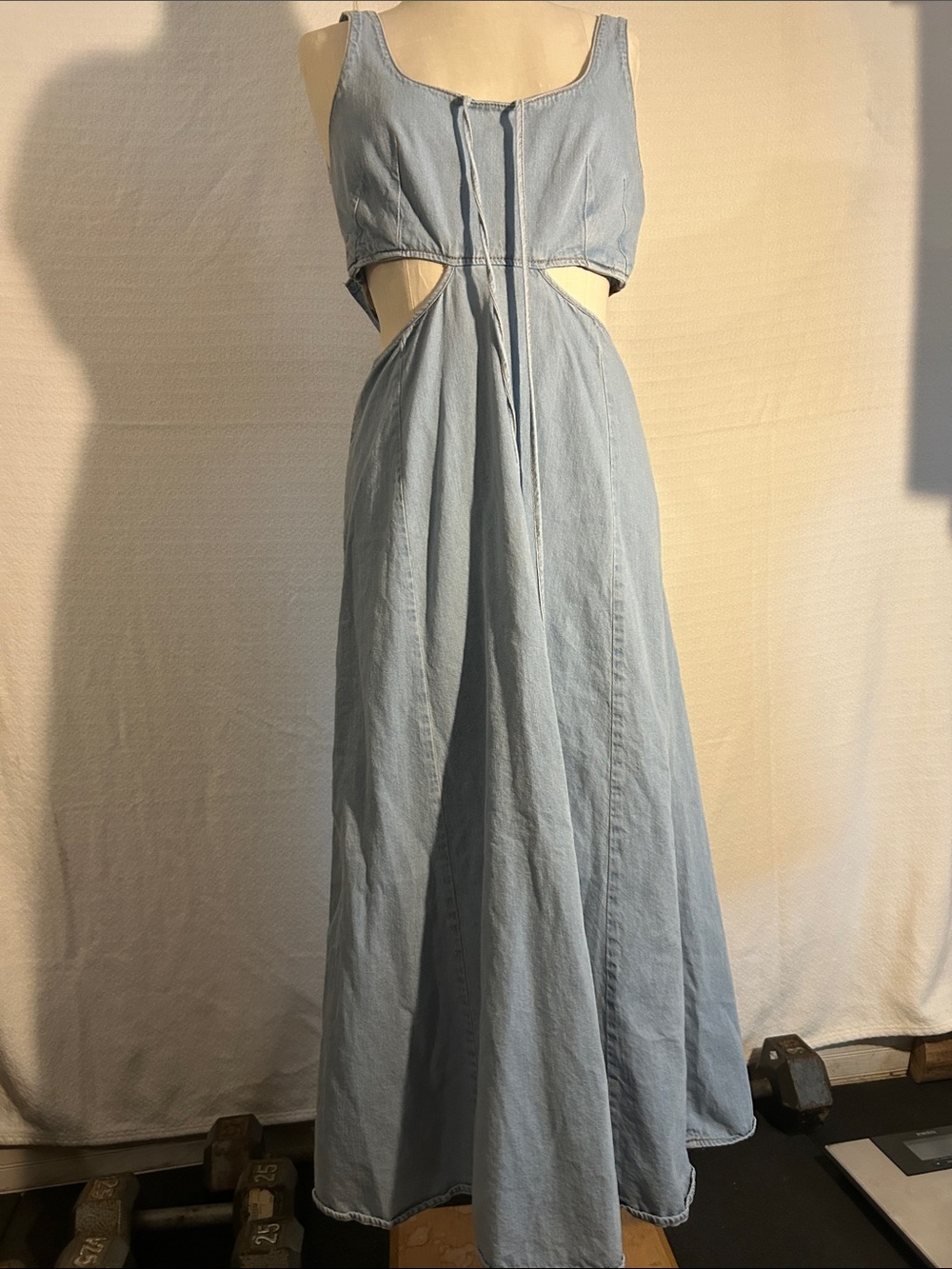 LNA Light Blue Denim-Style Cutout Maxi Dress